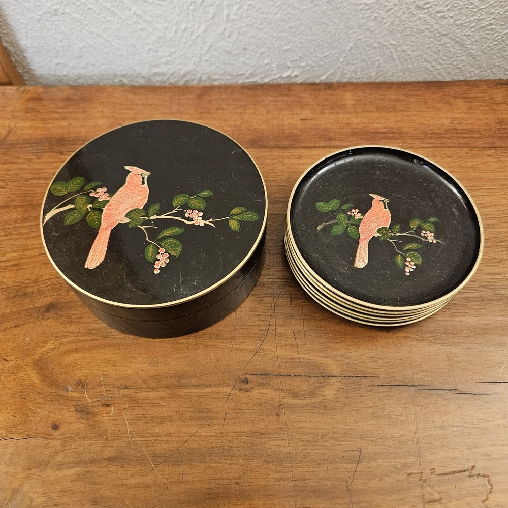 Otagiri Japan Set Of 6 Black Lacquer Cardinal Coasters W/ Matching Container